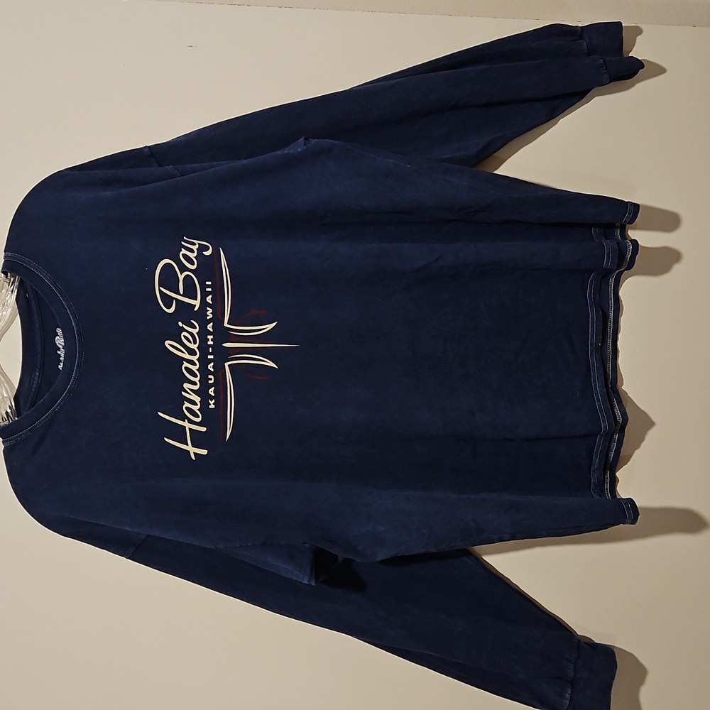 HANALEI BAY Distress denim blue long sleeve graphic tee Kaua'i XL Aloha Islands